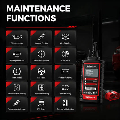 KINGBOLEN Ediag Plus maintenance functions: oil, injector, ABS bleed, DPF, throttle, brake, TPMS, SAS, battery, IMMO, gearbox, AFS, suspension, ETS, sunroof