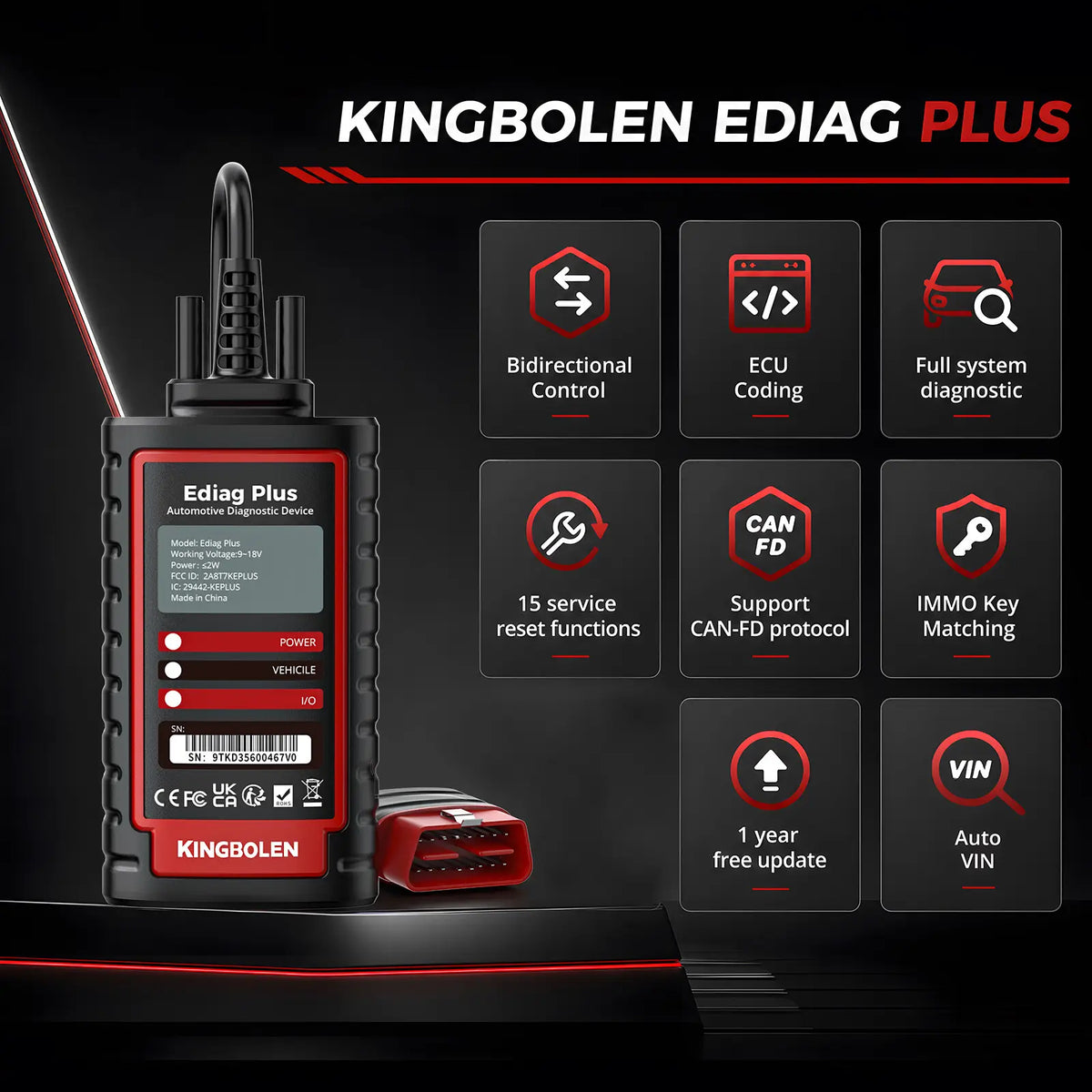 KINGBOLEN Ediag Plus with bidirectional control, ECU coding, full-system diagnostics, 15 resets, CAN-FD, IMMO matching, Auto VIN, and 1-year updates
