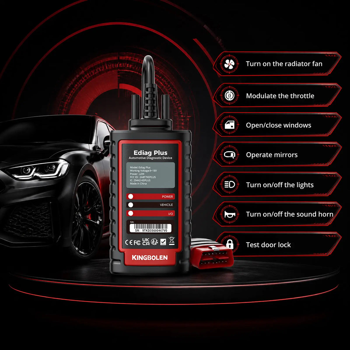 KINGBOLEN Ediag Plus active tests: radiator fan, throttle, windows, mirrors, lights, horn, and door locks