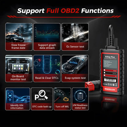 KINGBOLEN Ediag Plus showing full OBD2 functions: read and clear DTCs, live data graphs, freeze frame, O2 and EVAP tests, VIN, and I/M readiness