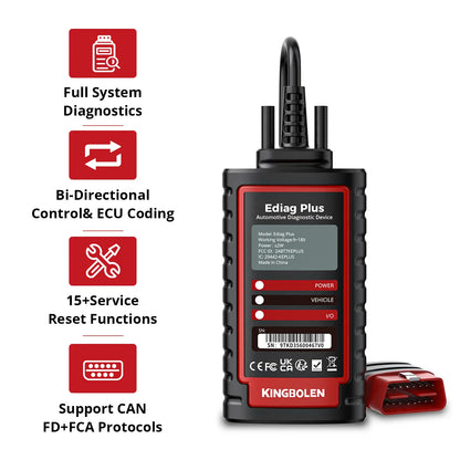 KINGBOLEN Ediag Plus with full-system diagnostics, bidirectional control, ECU coding, 15+ resets, and CAN FD plus FCA support