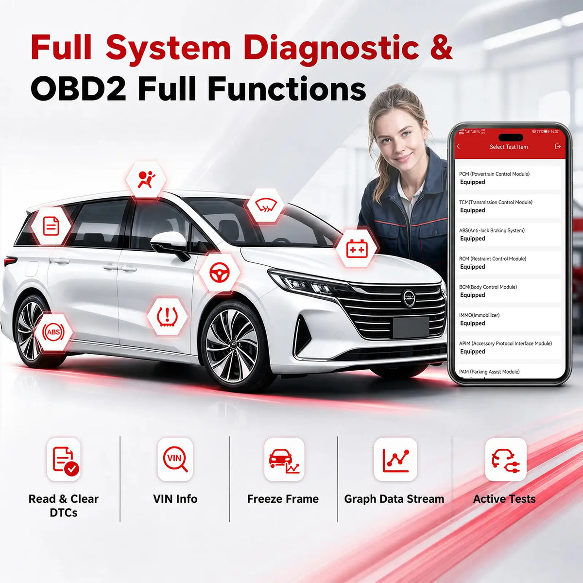 KINGBOLEN Ediag full-system scan with read and clear DTCs, VIN info, freeze frame, graph data stream, and active tests