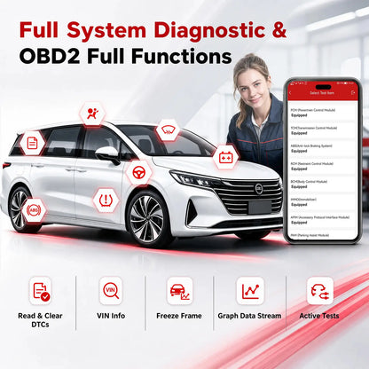 KINGBOLEN Ediag full-system scan with read and clear DTCs, VIN info, freeze frame, graph data stream, and active tests