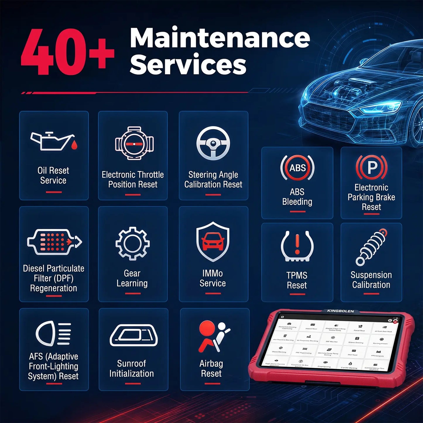 KINGBOLEN K10 Pro maintenance functions including oil reset, DPF regen, ABS bleeding, TPMS, IMMO, and airbag reset