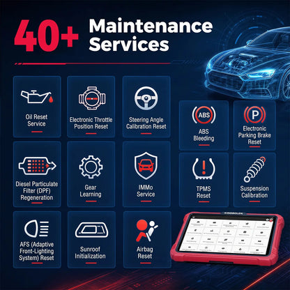 KINGBOLEN K10 Pro maintenance functions including oil reset, DPF regen, ABS bleeding, TPMS, IMMO, and airbag reset