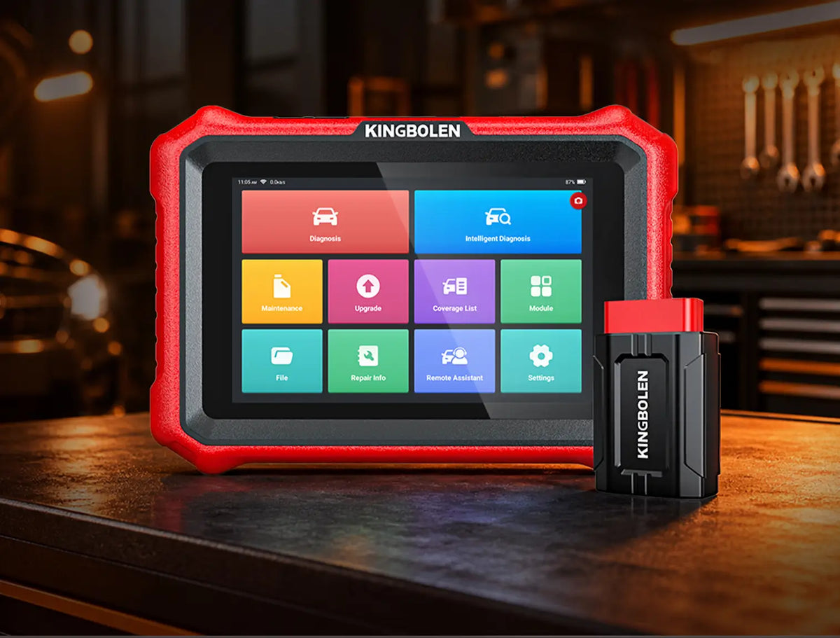 KINGBOLEN K10 Pro red diagnostic tablet with VCI connector on a workshop bench