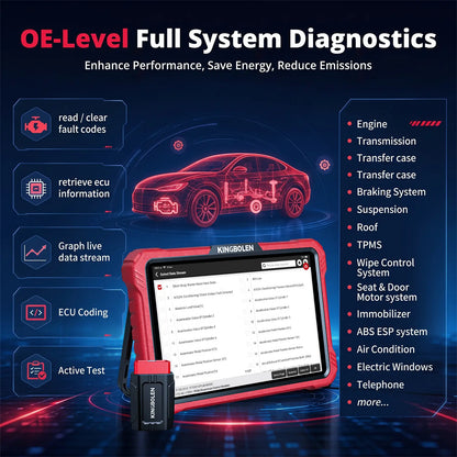 KINGBOLEN K10 Pro full-system diagnostics with live data, ECU coding, and active tests for engine, transmission, ABS, and more
