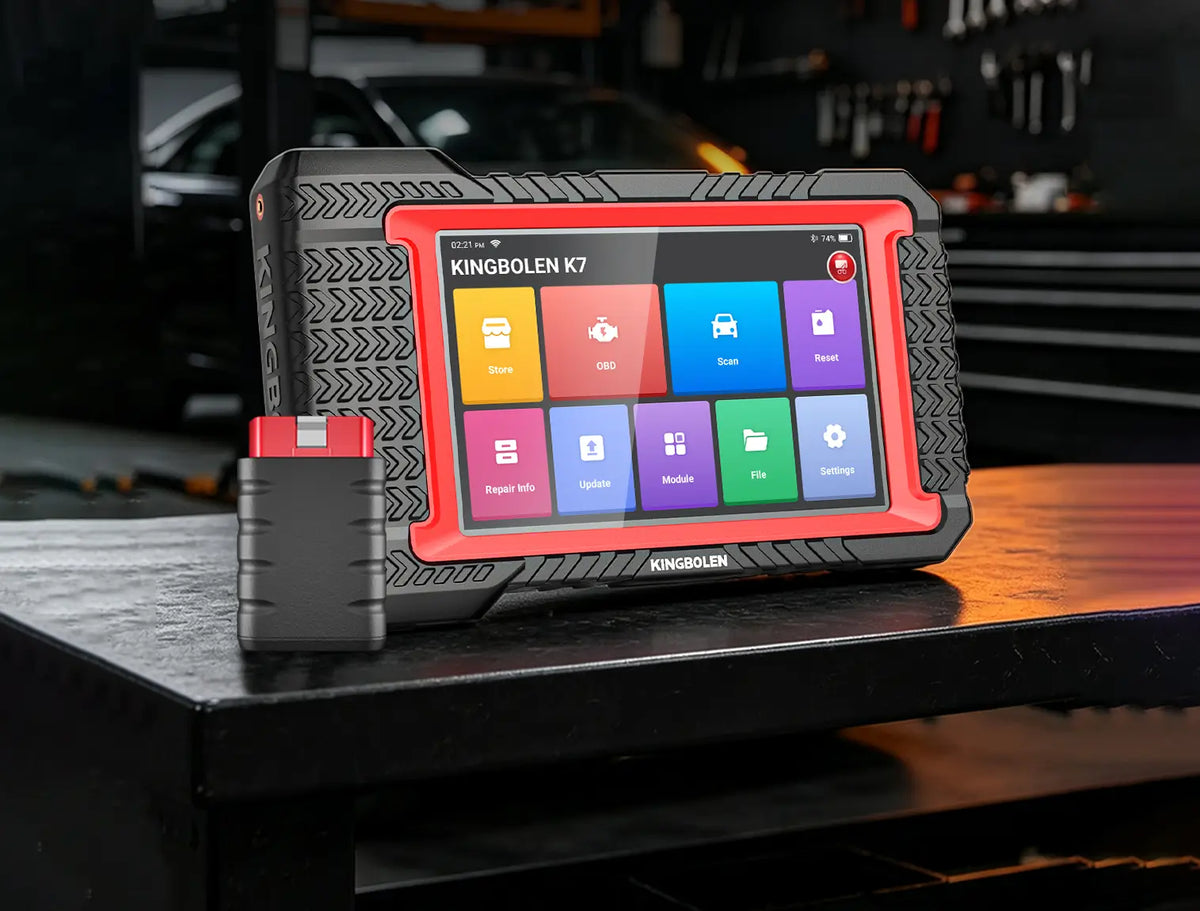 KINGBOLEN K7 diagnostic tablet with VCI connector on a garage workbench