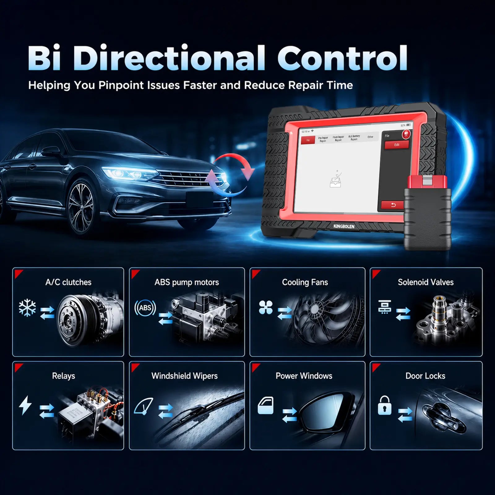 KINGBOLEN K7 bi-directional tests for A/C clutches, ABS pump, cooling fans, solenoids, relays, wipers, windows, and door locks