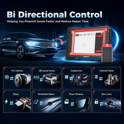 KINGBOLEN K7 bi-directional tests for A/C clutches, ABS pump, cooling fans, solenoids, relays, wipers, windows, and door locks