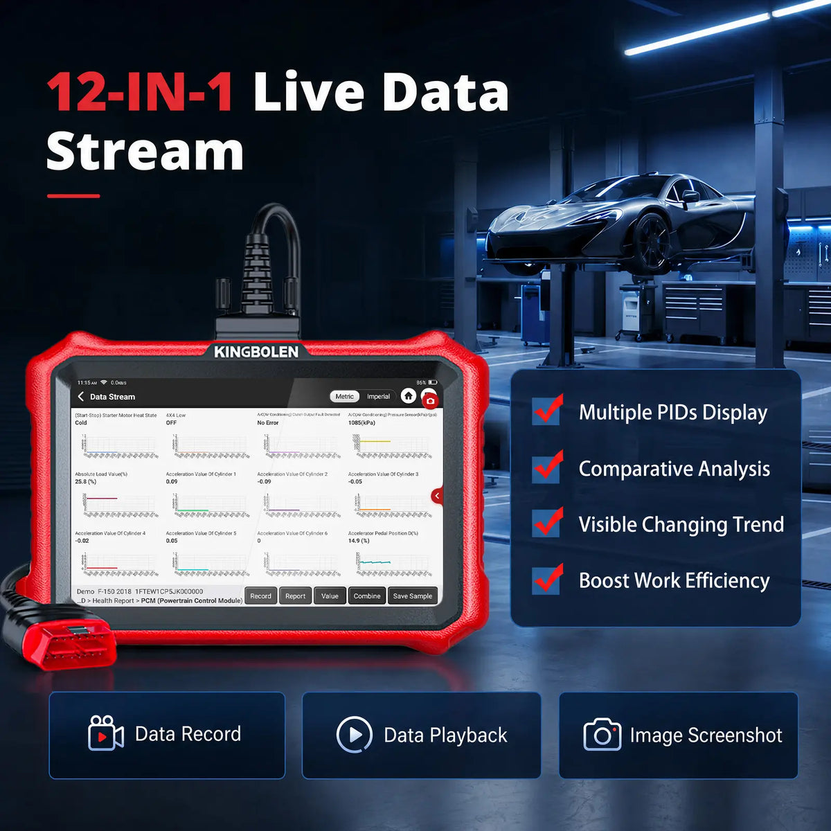 KINGBOLEN K8 Elite showing 12 live data graphs with record, playback, and screenshot