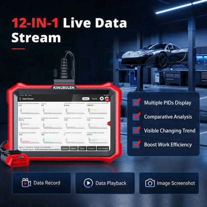KINGBOLEN K8 Elite showing 12 live data graphs with record, playback, and screenshot