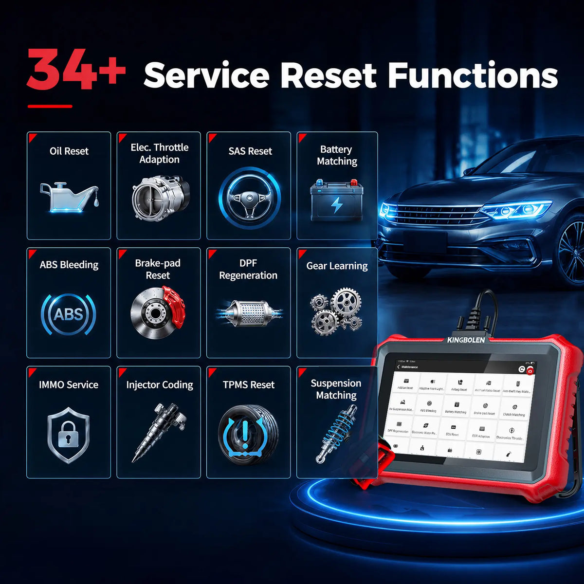 KINGBOLEN K8 Elite reset graphic listing oil, SAS, ABS bleed, DPF, TPMS, injector coding, and more