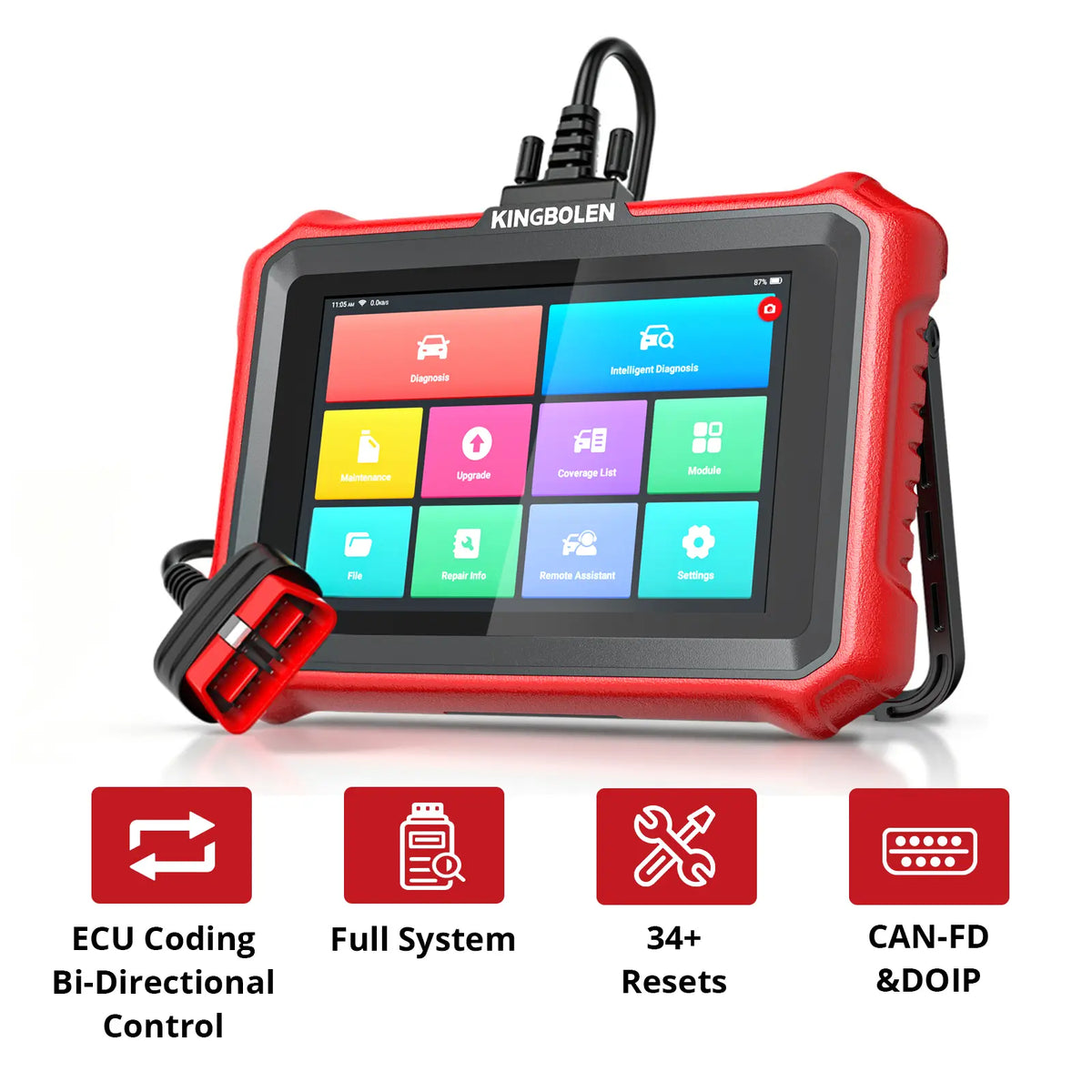 KINGBOLEN K8 Elite 8-inch tablet labeled with ECU coding, bi-directional control, full-system scan, 34+ resets, and CAN-FD DoIP