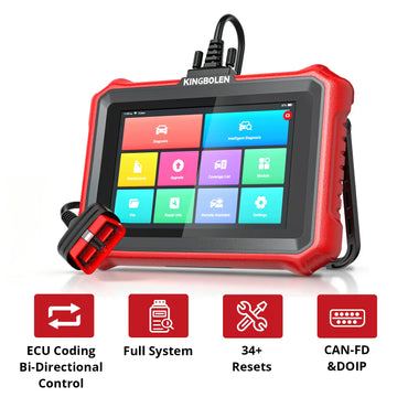 KINGBOLEN K8 Elite 8-inch tablet labeled with ECU coding, bi-directional control, full-system scan, 34+ resets, and CAN-FD DoIP
