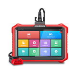 KINGBOLEN K8 Elite red tablet showing Diagnosis, Maintenance, and Coverage List menus, with a red OBD2 connector