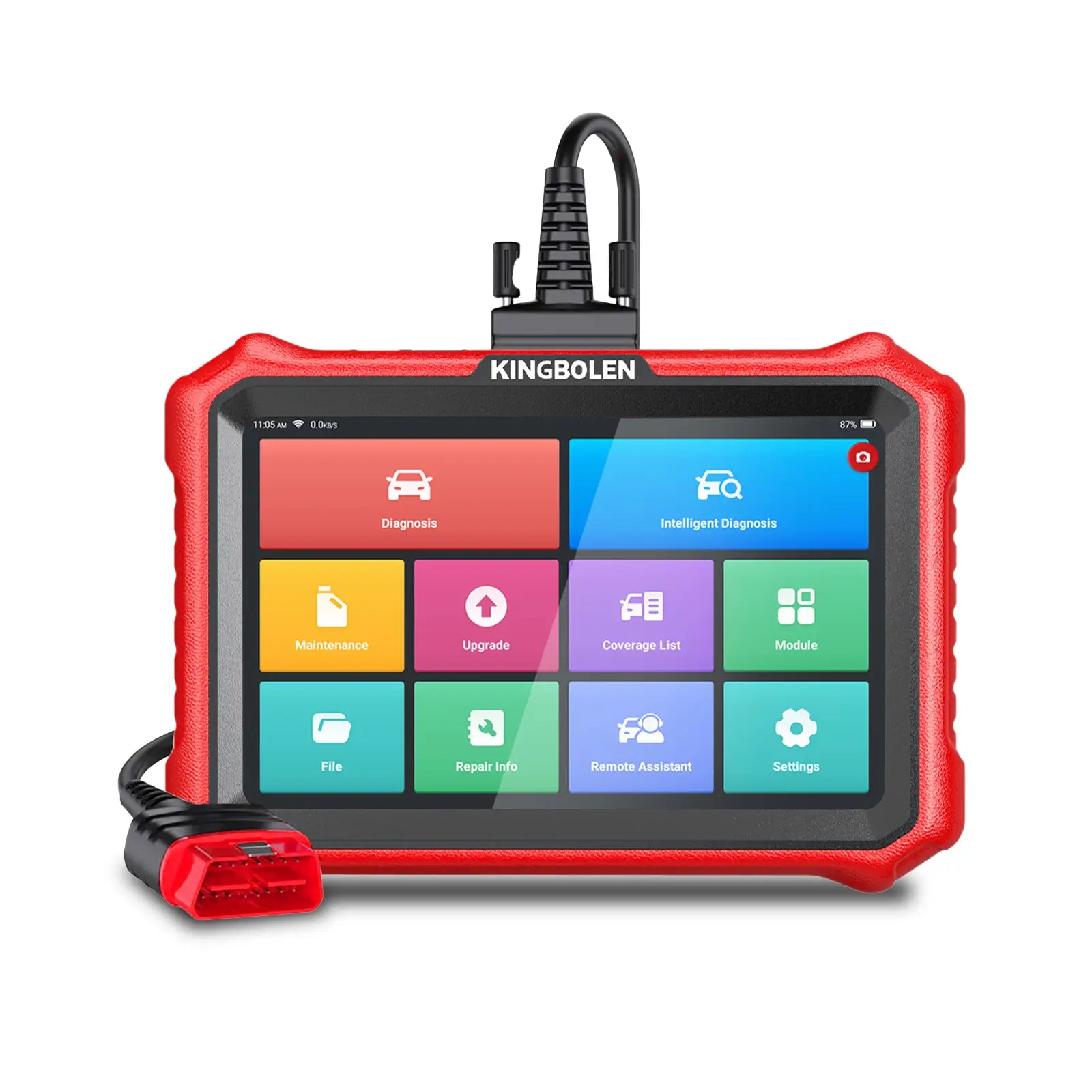 KINGBOLEN K8 Elite red tablet showing Diagnosis, Maintenance, and Coverage List menus, with a red OBD2 connector