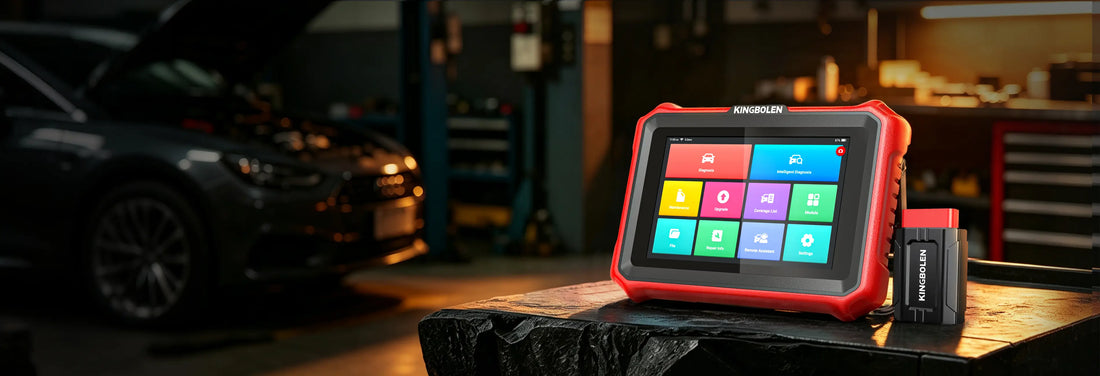KINGBOLEN K8 Pro red diagnostic tablet on a garage workbench with VCI connector, car in the background