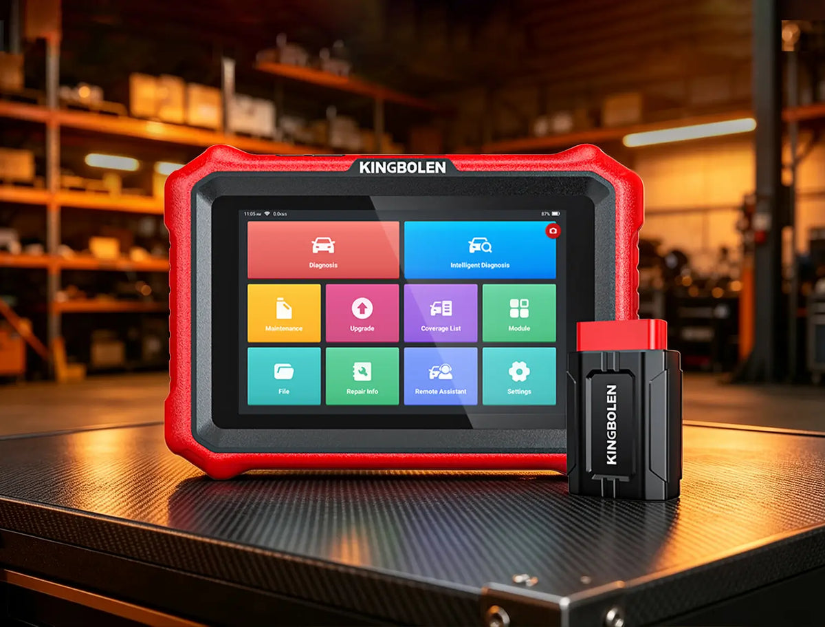 KINGBOLEN K8 Pro red diagnostic tablet with VCI connector on a table in a warehouse