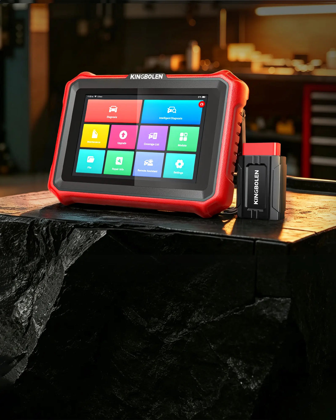 KINGBOLEN K8 Pro red diagnostic tablet on a garage workbench with VCI connector, car in the background