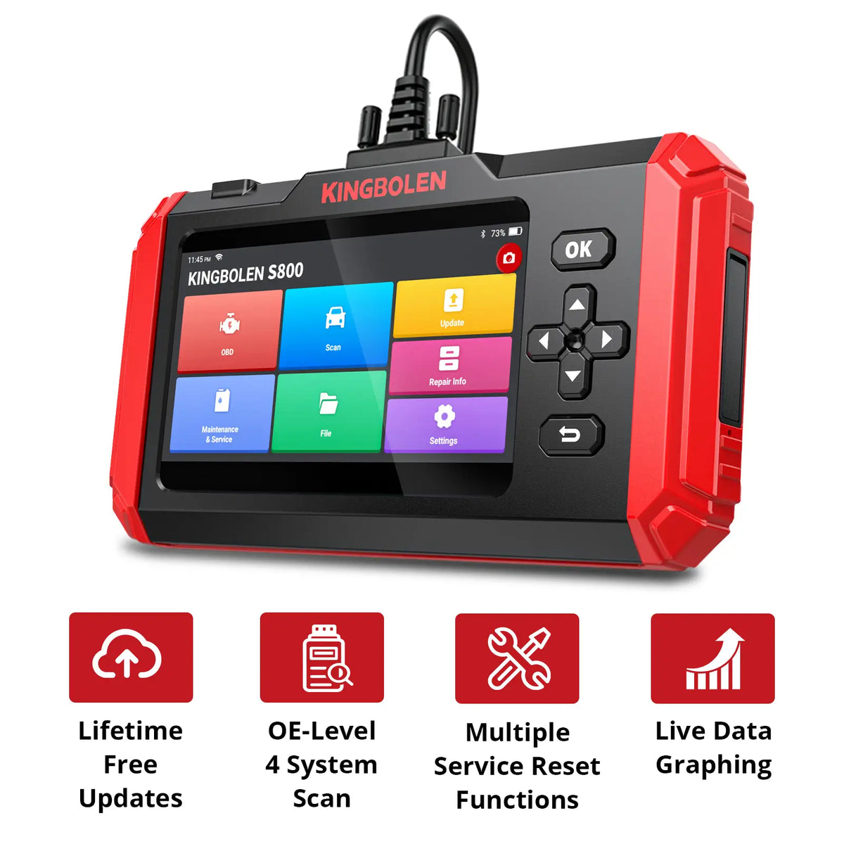 KINGBOLEN S800 with icons for lifetime free updates, 4-system scan, multiple service resets, and live data graphing