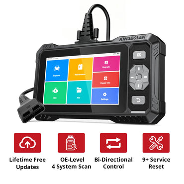 KINGBOLEN S608 with icons for lifetime free updates, 4-system scan, bi-directional control, and 9+ service resets