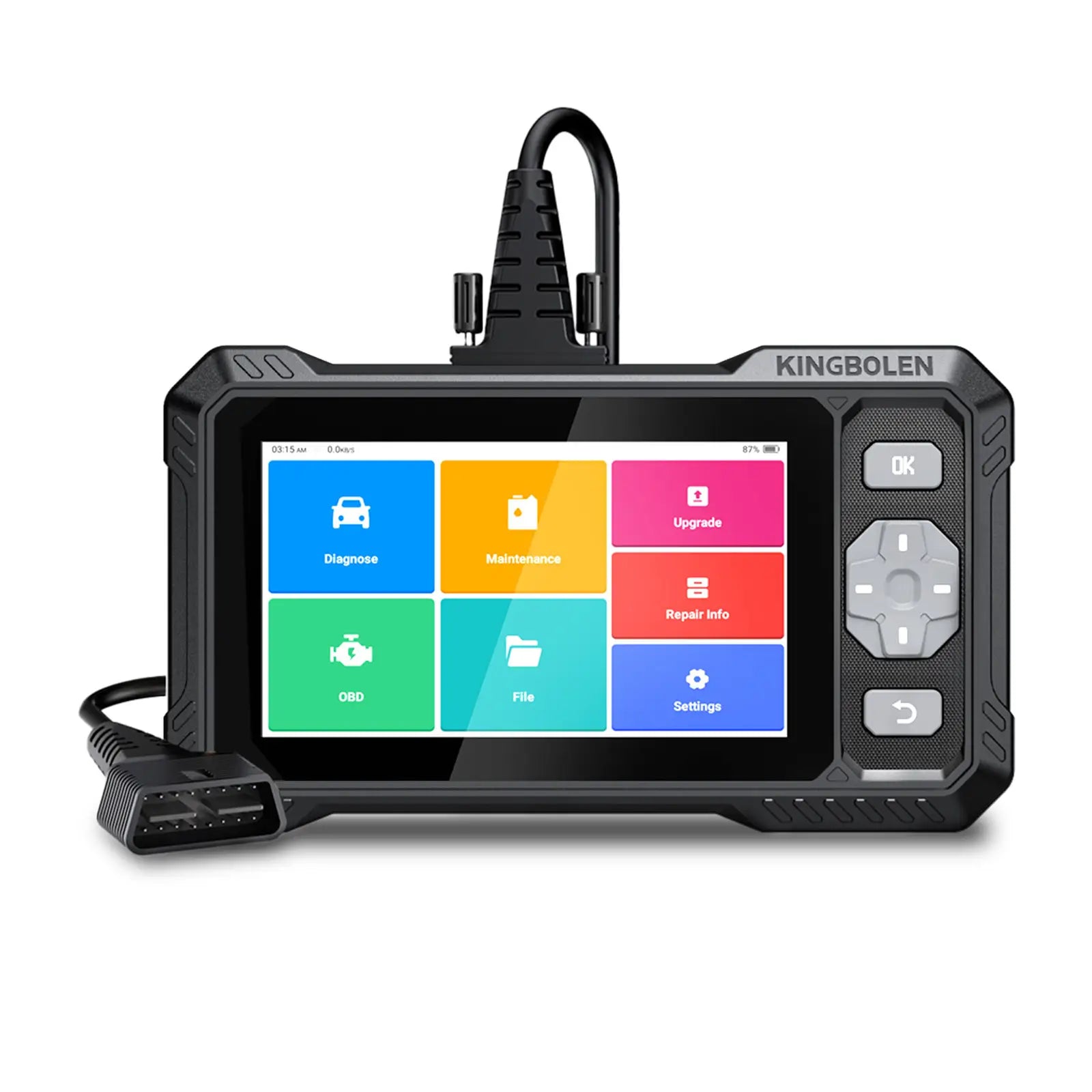 KINGBOLEN S608 handheld scanner showing Diagnose, Maintenance, and OBD menus, with an OBD2 connector
