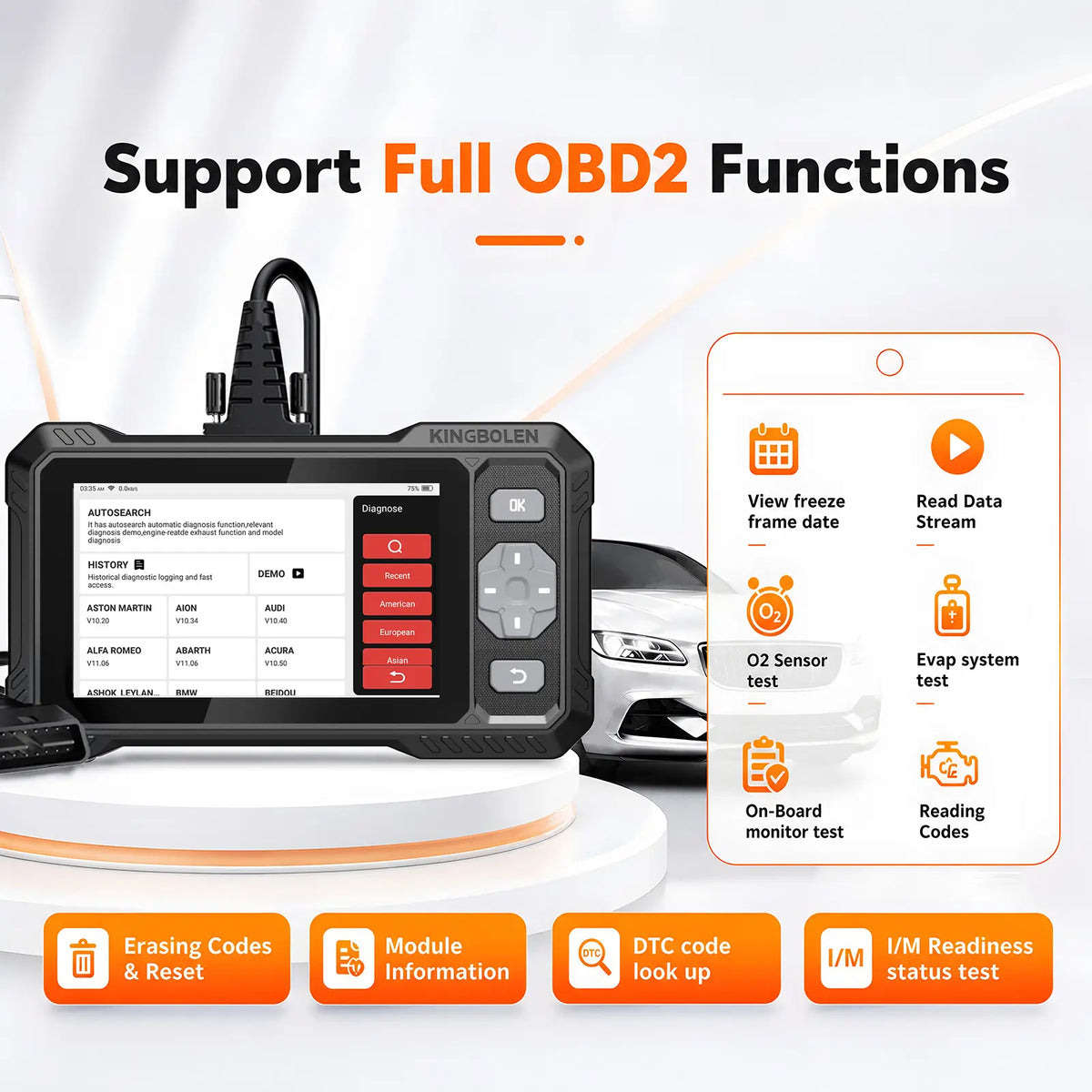 KINGBOLEN S608 OBD2 functions including read and erase codes, live data, freeze frame, O2 test, and I/M readiness