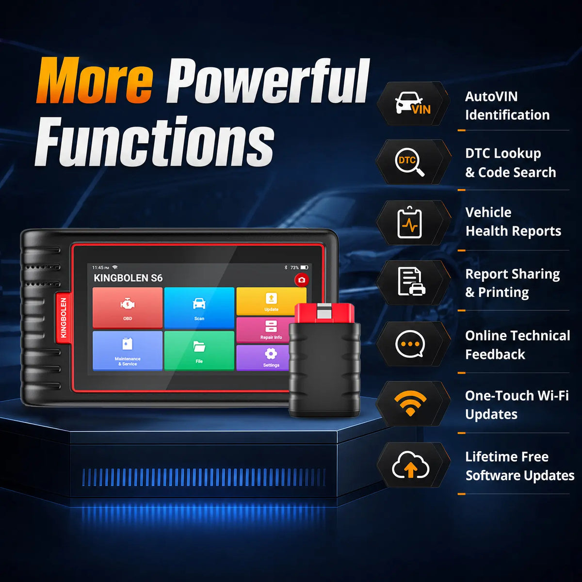 KINGBOLEN S6 tablet and VCI with AutoVIN, DTC lookup, health reports, Wi-Fi updates, and lifetime free software updates