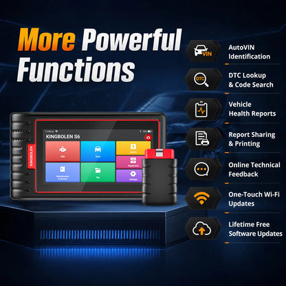 KINGBOLEN S6 tablet and VCI with AutoVIN, DTC lookup, health reports, Wi-Fi updates, and lifetime free software updates