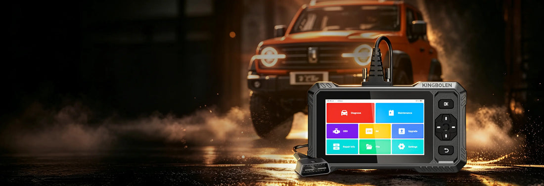 KINGBOLEN S6 Elite handheld diagnostic scanner with home screen and OBD2 connector, orange SUV in the background