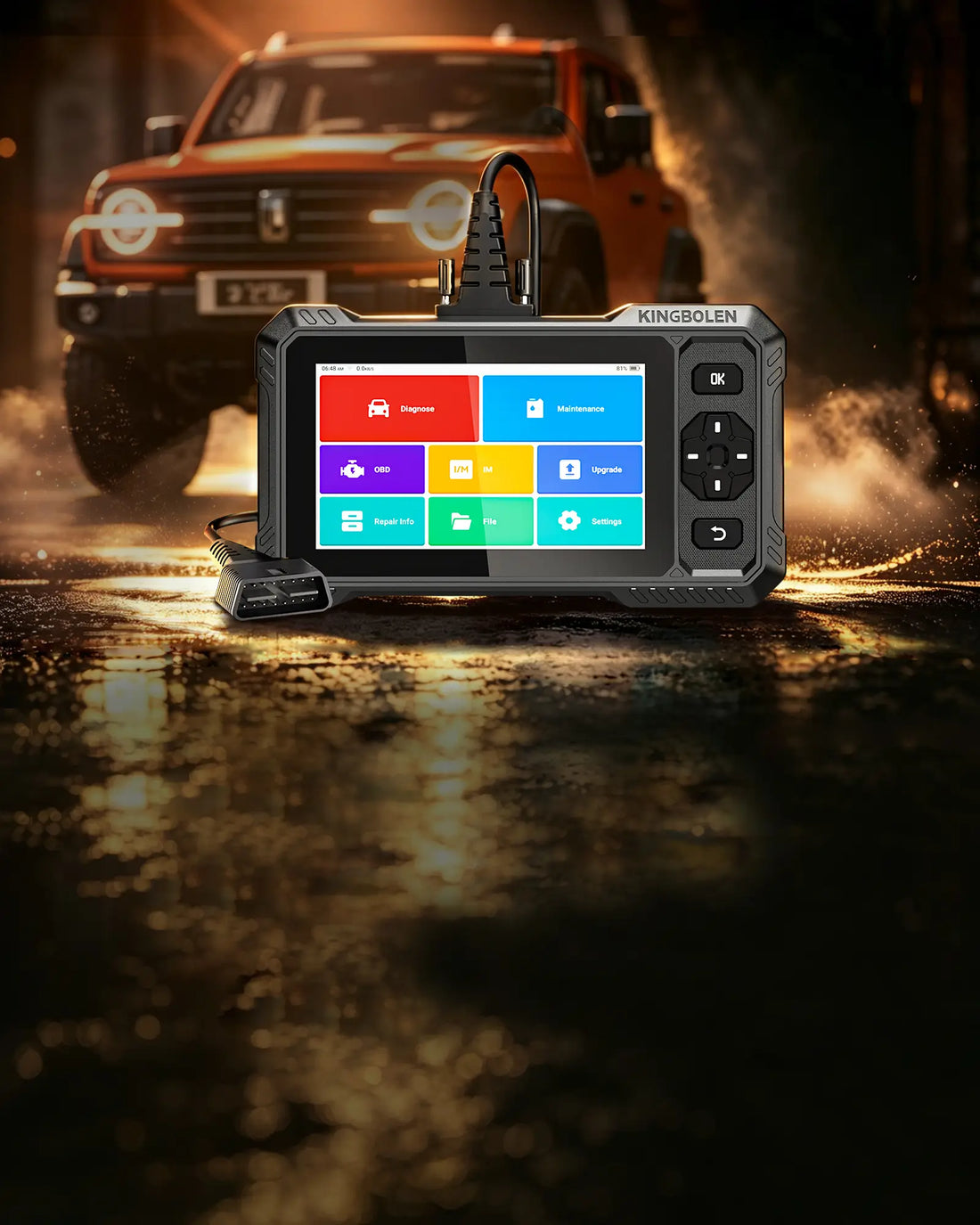 KINGBOLEN S6 Elite handheld diagnostic scanner with home screen and OBD2 connector, orange SUV in the background