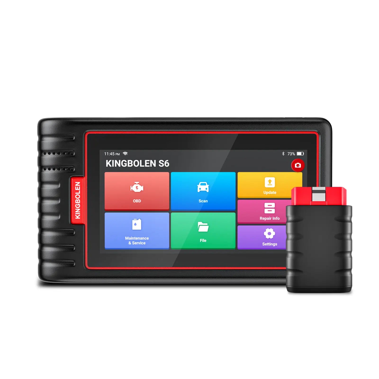 KINGBOLEN S6 tablet showing OBD, Scan, and Maintenance menus, with a black and red VCI dongle