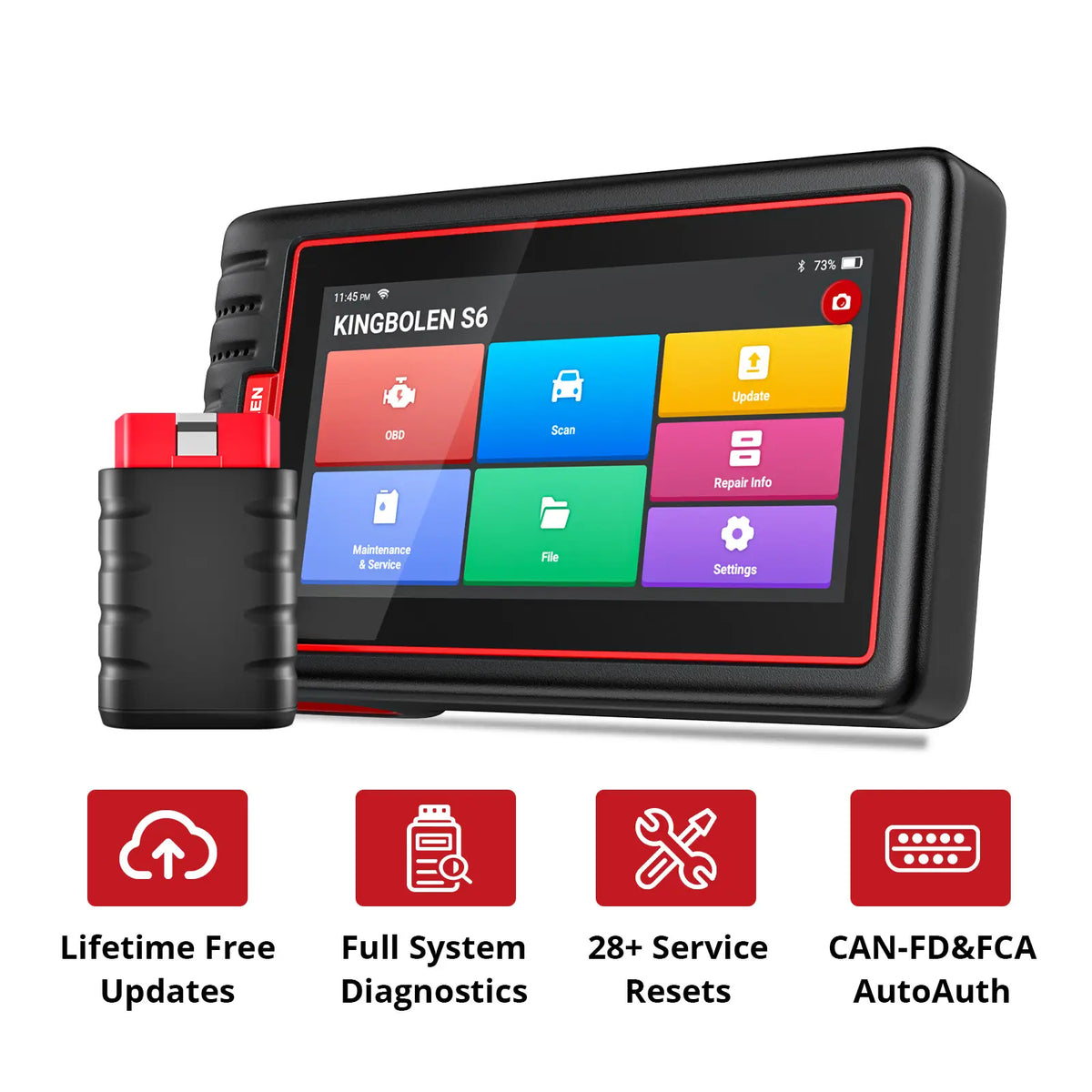 KINGBOLEN S6 with icons for lifetime free updates, full-system diagnostics, 28+ service resets, and CAN-FD FCA AutoAuth