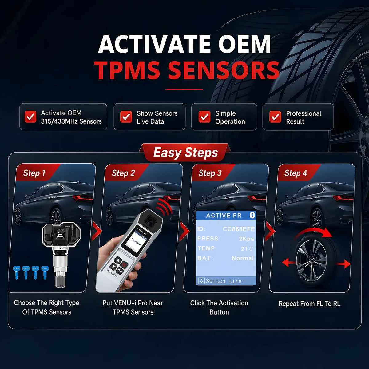 THINKCAR VENU-i Pro steps to activate OEM 315/433 MHz TPMS sensors and read live pressure, temperature, and battery data