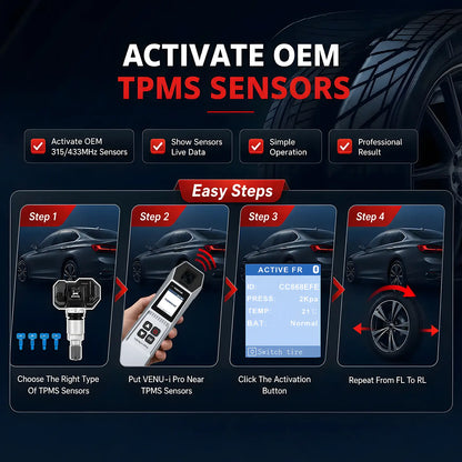 THINKCAR VENU-i Pro steps to activate OEM 315/433 MHz TPMS sensors and read live pressure, temperature, and battery data
