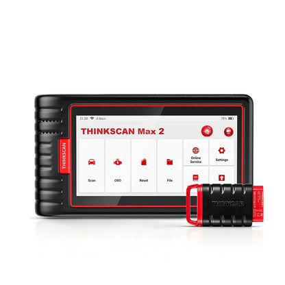 THINKSCAN Max 2 tablet showing Scan, OBD, Reset, and File menus, with a THINKCAR VCI dongle