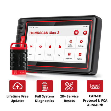 THINKSCAN Max 2 and THINKCAR VCI with CAN-FD, FCA AutoAuth, lifetime free updates, full-system diagnostics, and 28+ resets