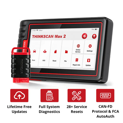 THINKSCAN Max 2 and THINKCAR VCI with CAN-FD, FCA AutoAuth, lifetime free updates, full-system diagnostics, and 28+ resets