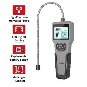 KINGBOLEN BF200 brake fluid tester key features including high-precision universal probe, LCD digital display, replaceable battery design and multi-type fluid test function