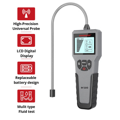 KINGBOLEN BF200 brake fluid tester key features including high-precision universal probe, LCD digital display, replaceable battery design and multi-type fluid test function