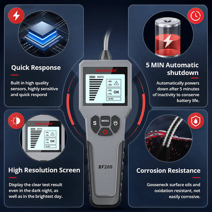 KINGBOLEN BF200 brake fluid tester features quick response high-quality sensors, 5-minute automatic shutdown, high-resolution all-day visible screen and corrosion-resistant gooseneck probe