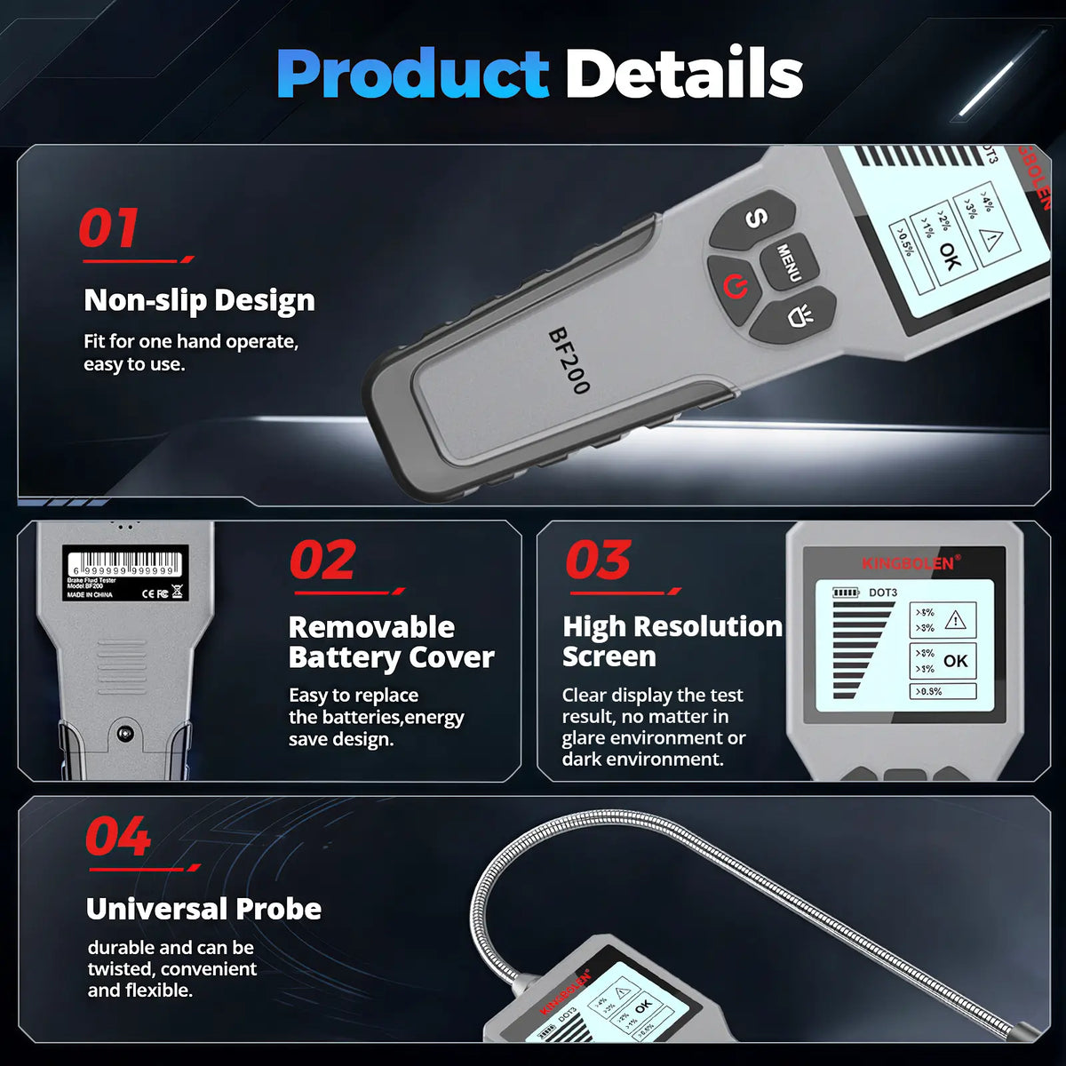 KINGBOLEN BF200 brake fluid tester product details with non-slip one-hand design, removable battery cover, high-resolution screen and flexible universal twisted probe