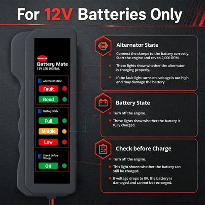 KINGBOLEN BM310 12V battery only testing guide explaining alternator state, battery state, and check before charge LED readings