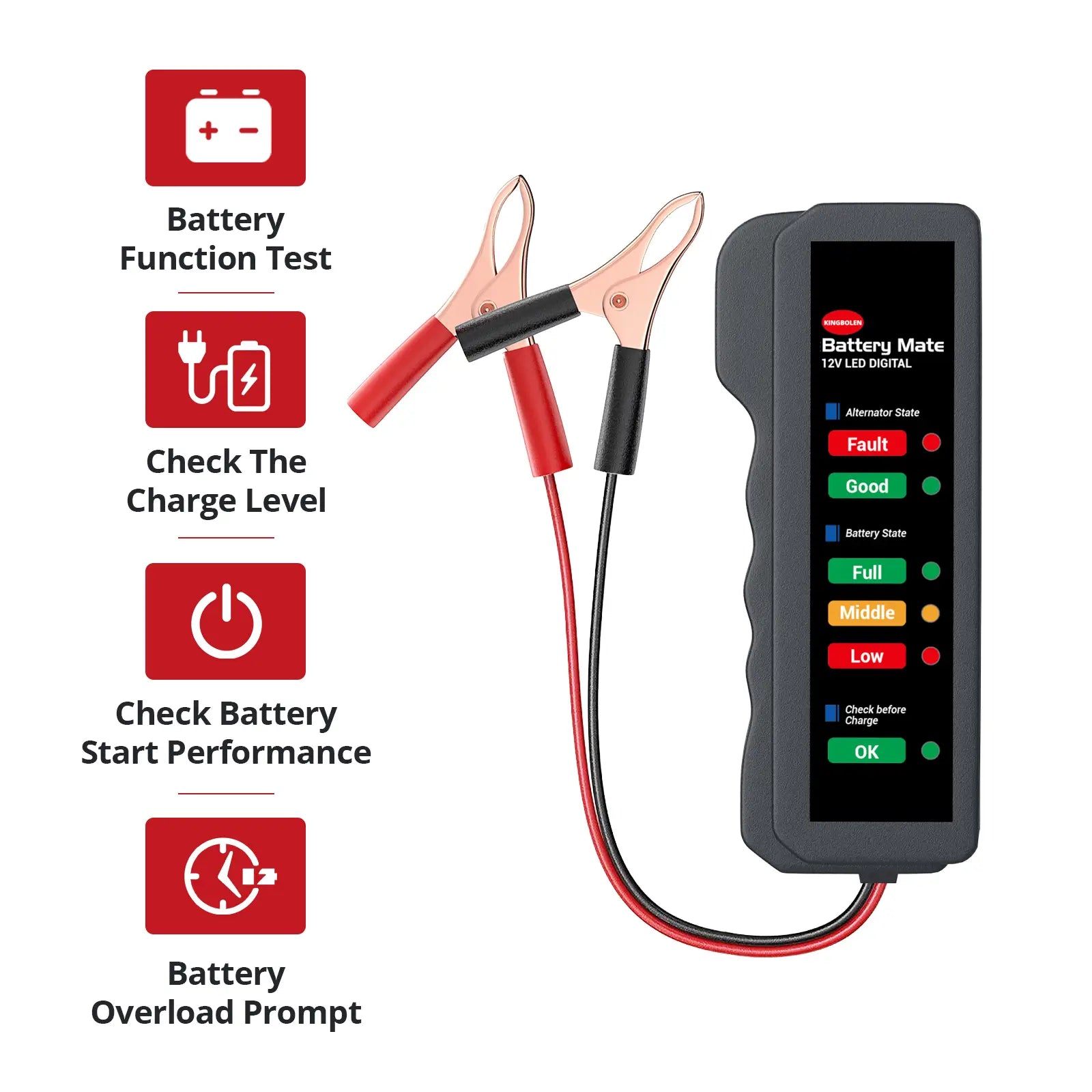 KINGBOLEN BM310 12V battery tester key features including charge level check, starting performance, and overload prompt