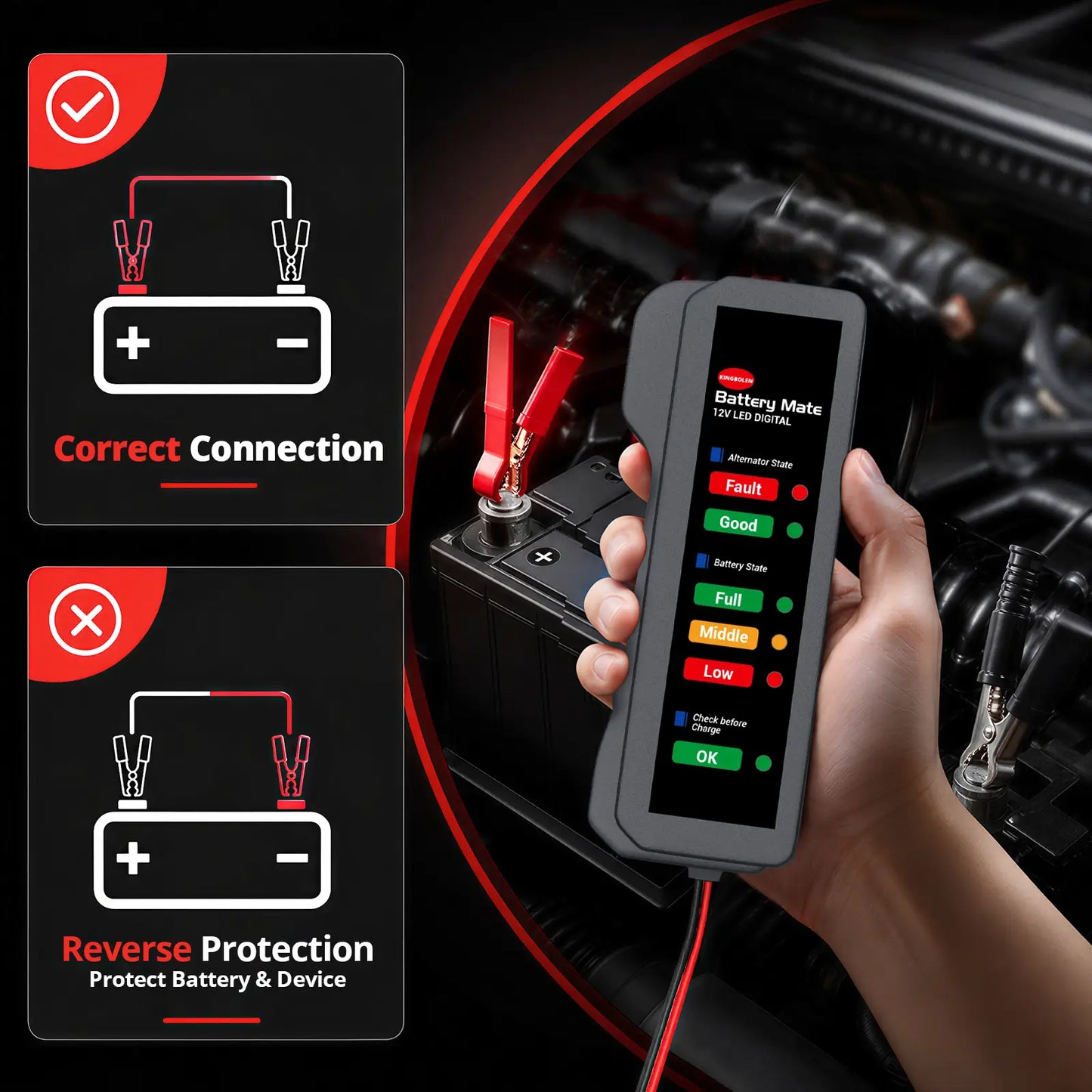 KINGBOLEN BM310 12V battery tester with reverse polarity protection preventing short circuits during car battery testing