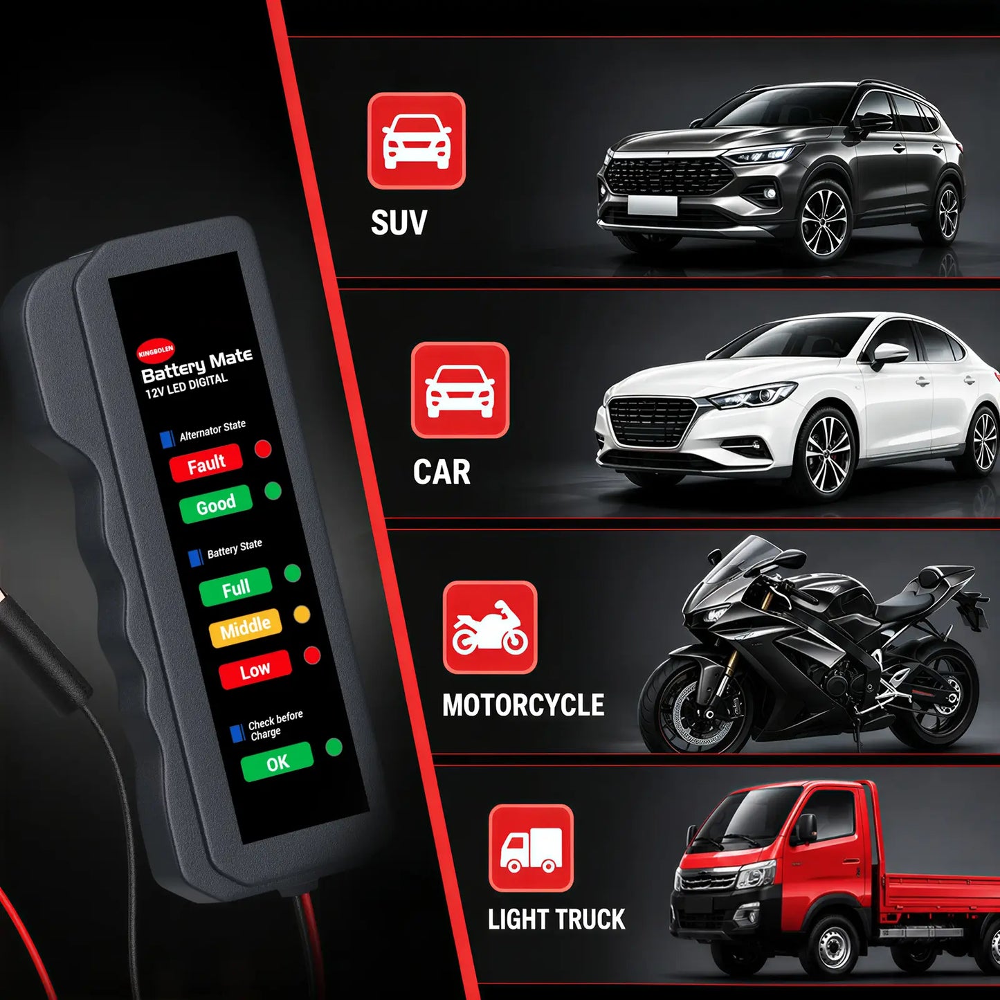 KINGBOLEN BM310 12V battery tester wide vehicle compatibility for SUV, sedan car, motorcycle, and light truck