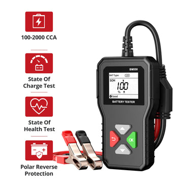 KINGBOLEN BM550 12V battery tester key features including cranking test, charging test and battery health analysis