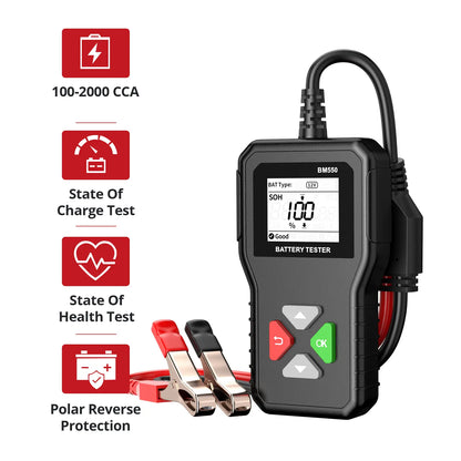 KINGBOLEN BM550 12V battery tester key features including cranking test, charging test and battery health analysis
