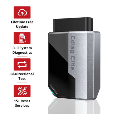 KINGBOLEN EDIAG ELITE scan tool with red feature icons for lifetime free update, full system diagnostics, bi‑directional test and 15 plus reset services